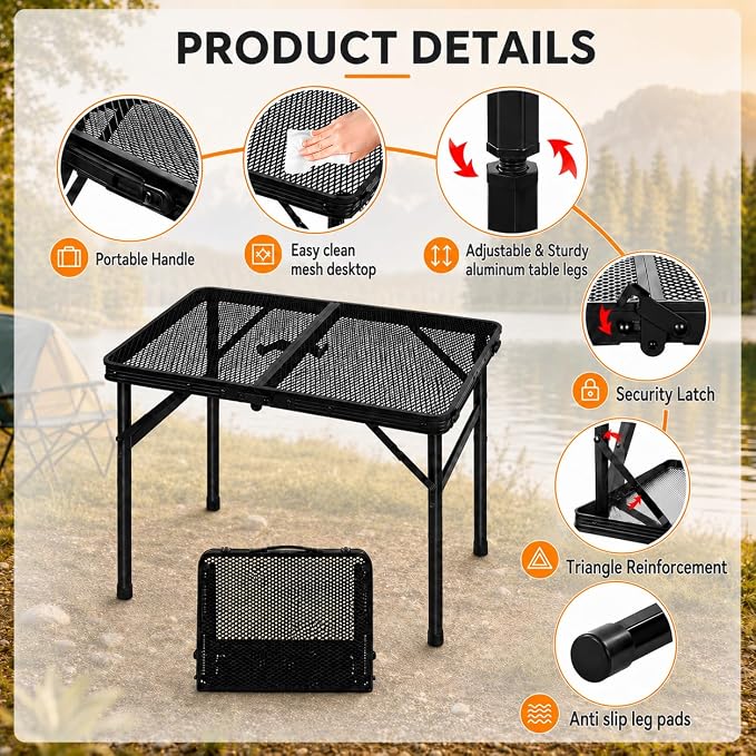 Folding Grill Table Camping Table with Mesh Desktop, Lightweight & Portable Outdoor Picnic Table, Height Adjustable Portable for Outside Inside Use