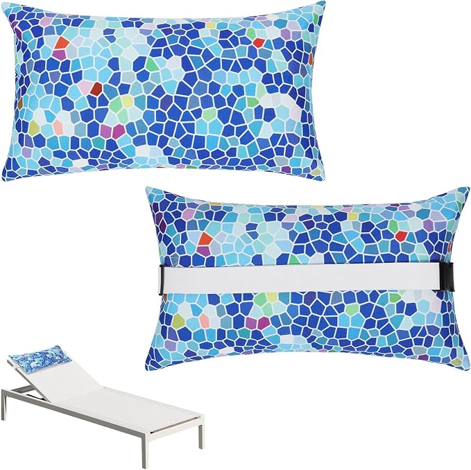Chaise Head Rest Pillows Set of 2, Waterproof Outdoor Lounge Pillow Lumbar Pillows with Insert Adjustable Elastic Strap Decorative Pillows for Patio Beach Pool Chair, Blue Geometric