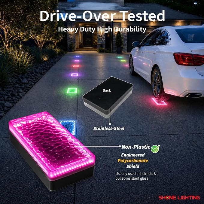 4x8 Solar Ground Lights, 12-Color Paver Light, RGB-W, 2Pack | Outdoor Waterproof, Recessed Lighting Bricks, Color Changing, Driveway, Pathway, Landscape, Heavy Duty, Car Weight Bearing