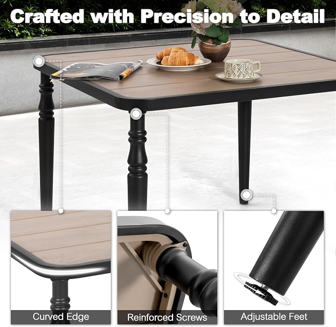 NUU GARDEN Outdoor 37” Square Metal Dining Table, Patio Dining Table with Umbrella Hole, Powder-Coated Metal Table with Faux Wood Tabletop, for Patio, Garden, Backyard and Balcony, Black