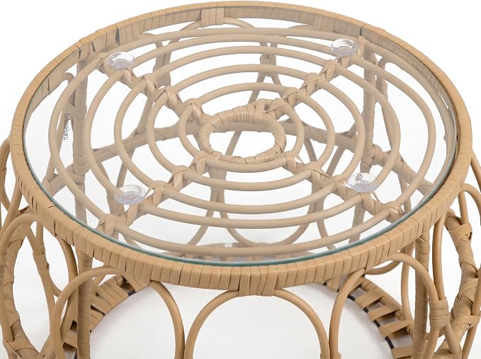 Furniture of America Ysar Boho Rattan Round Coffee Table Outdoor with 5mm Tempered Glass Top, All-Weather and Rust Resistant Patio Furniture