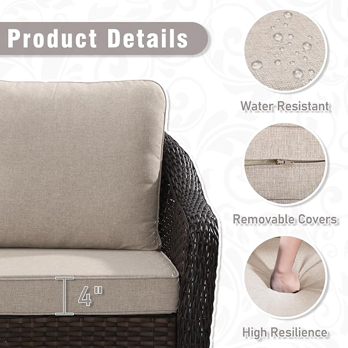 6 Piece Patio Wicker Conversation Set, All-Weather Use Outdoor Wicker Sofa with 2 PE Rattan Ottomans,2 Chair, 1 Side Table, Ideal for Porch, Backyard, Balcony, Poolside, Beige