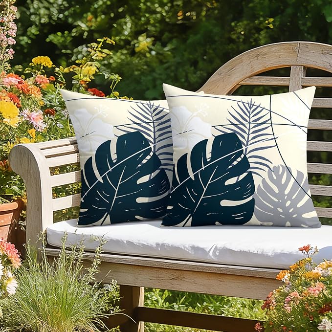OTOSTAR Outdoor Waterproof Throw Pillow Covers 16x16 Inch Set of 2 Double-Sided Dark Blue Grey Tropical Leaf and Flower Spring Summer Decorative Pillow Cases for Patio Funiture Garden Balcony Couch