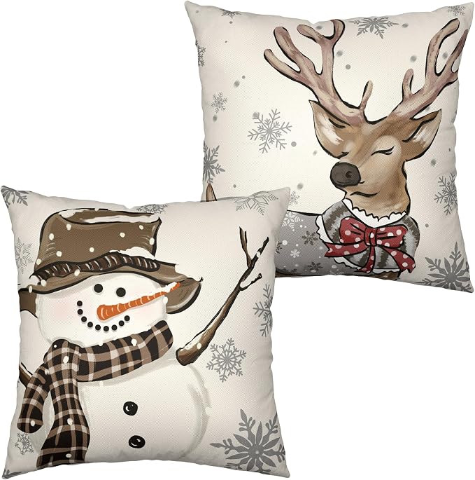 Christmas Outdoor Pillow Covers 16x16 Set of 2 Brown Snowman Reindeer with Snowflakes Throw Pillow Covers Decorative Cotton Linen Cushion Case for Home Decor Couch Living Room