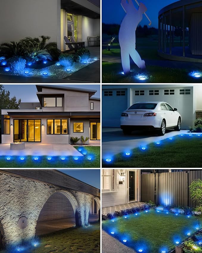btfarm 4 Pack Solar Lights Outdoor, 8 LED Solar Ground Lights IP65 Waterproof Flat Solar Disc Light, Pathway Lights for Garden Lawn Patio Yard Path Landscape, Blue