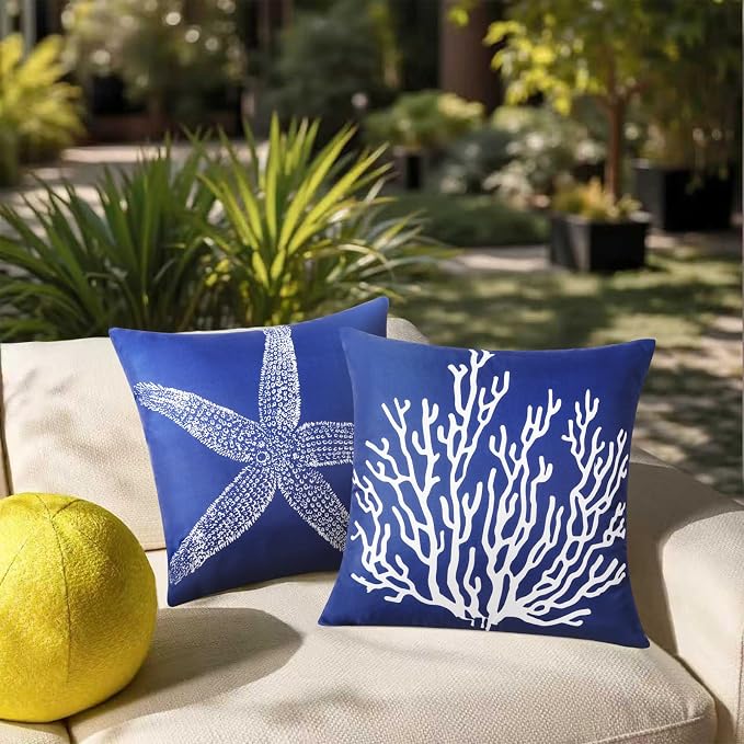 Adabana Outdoor Waterproof Coastal Pillow Covers 18x18 Inch | Nautical Starfish Coral Outdoor Pillow Covers Summer Decirative for Patio Furniture Porch Garden Pillows