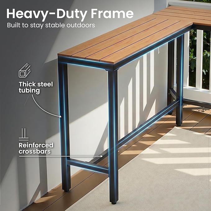 Crestlive Products Outdoor Bar Table, L-Shaped 55'' All-Weather Metal Frame with Slatted Tabletop, Patio Pub Counter Height High Top Table for Balcony, Backyard, Bistro, Garden, and Poolside, Brown