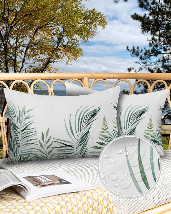 Outdoor Waterproof Throw Pillows Tropical Palm Leaves White Patio Pillows Pack of 1,Decorative Pillow Covers with Insert,Pillow Cushion Case for Garden Couch Sofa Pastoral Green Leaf Plant