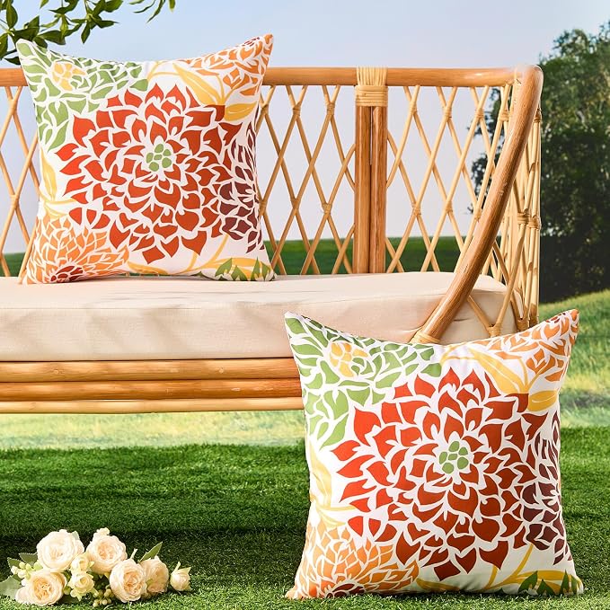 Allorry Outdoor Pillow Covers 20x20 Set of 2 Rust Flower Pattern Decoration Throw Pillow Covers for Spring Summer Outdoor Waterproof Furniture Garden Patio Sofa Bedroom Home Decor JB011-E20