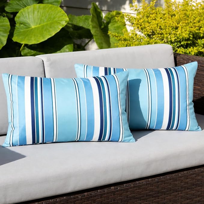 Waterproof Outdoor Pillow Covers 12x20 Inch Set of 2, Light Blue Stripe Decorative Throw Pillow Cover, Modern Farmhouse Cushion Cases for Spring Summer Patio Garden Porch Balcony Beach Sofa