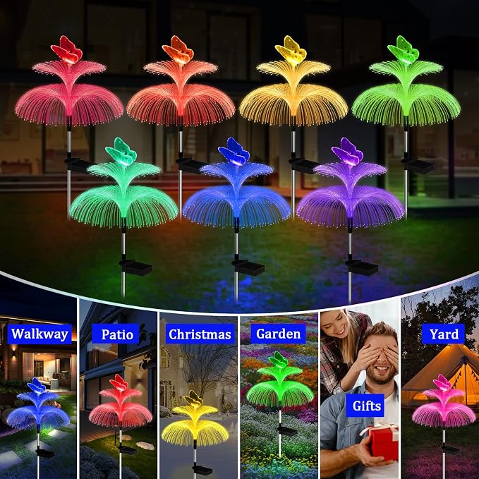 Weepong Solar Garden Lights Waterproof 3 Pack Solar Lights Outdoor Decorative 7 Color Changing Double Jellyfish and Butterfly Flower Garden Decor Yard Christmas Pool Outdoor, Gifts for Mother's Women