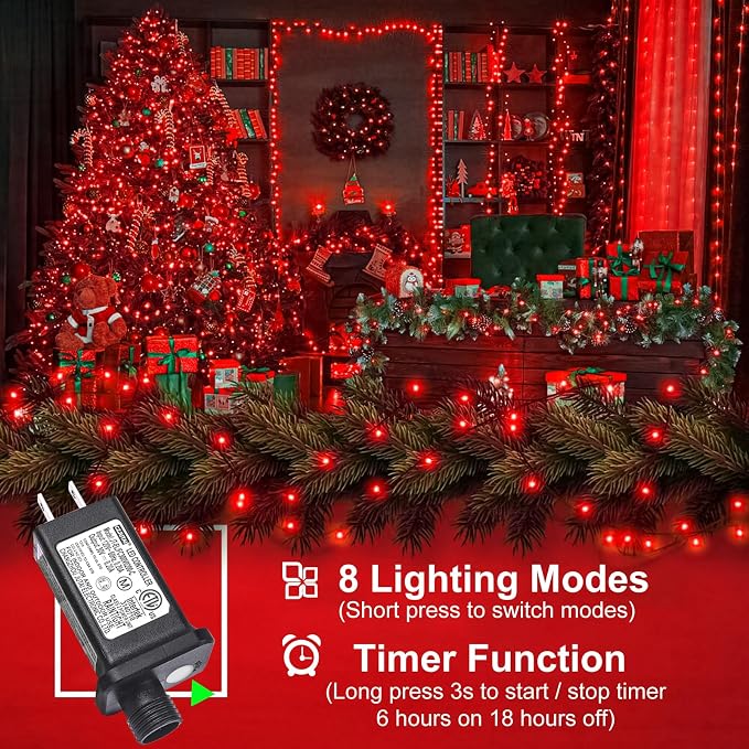 2 Pack Christmas Lights Outdoor, Total 200FT 600LED Christmas Tree Lights | Red, Waterproof 8 Modes Plug in Connectable String Lights for Outside Indoor Halloween Patio Garden Party Decorations