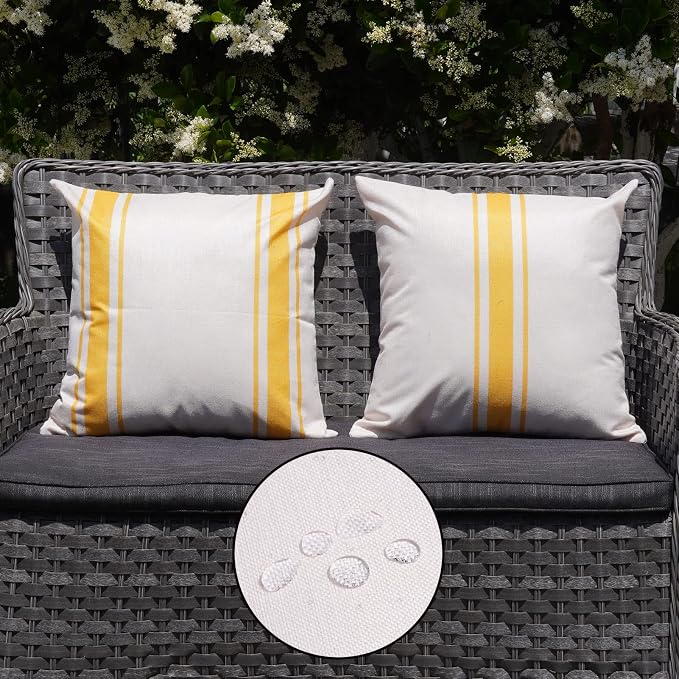 ONWAY Outdoor Pillow Covers Waterproof 20x20 Set of 2 Decorative Linen Throw Pillow Cover Beige and Yellow Striped Outdoor Pillows for Patio Furniture