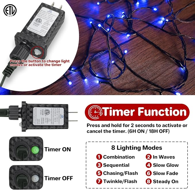 Extra Long 132ft Christmas Decorative Mini Lights, 400 LED Green Wire Fairy Starry String Lights Plug in, Timer & Memory & 8 Modes, for Indoor Outdoor Xmas Tree Wedding Party Decoration,Blue