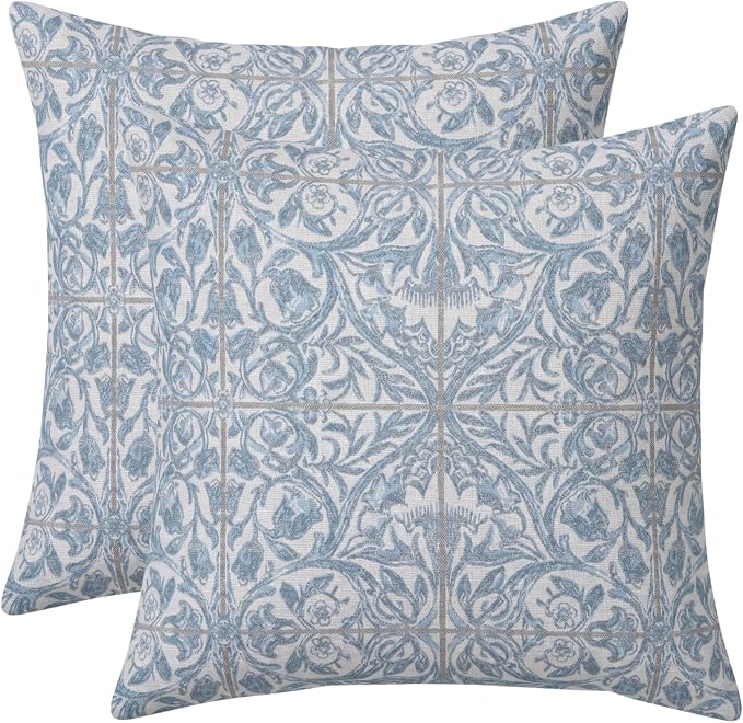 RSH DECOR: Sunbrella Square Throw Pillows Set of 2 | 20" x 20" | Water and Fade-Resistant Performance Fabric | Outdoor Pillow Covers with Down-Alternative Inserts | Made in USA (Provincial Azure)