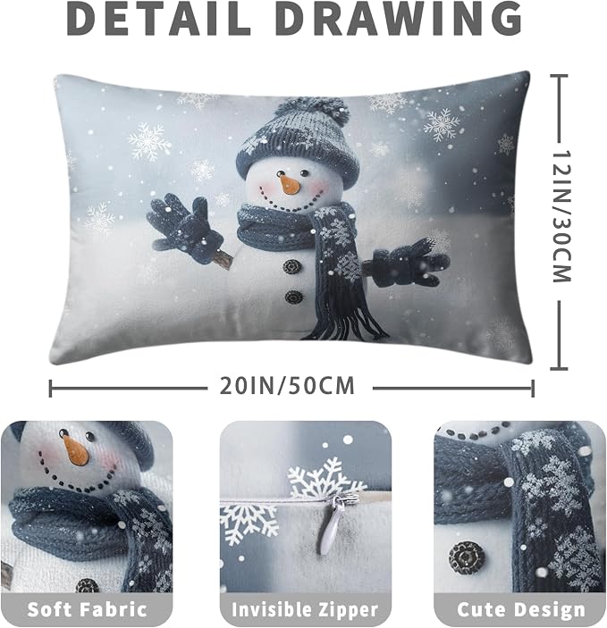 Navy Blue Snowman Lumbar Pillow Covers 12x20 Set of 2 Winter Holiday Rectangle Throw Pillow Covers Snowman Snowflakes Waist Cotton Blend Pillow Case for Christmas Decor Couch Living Room
