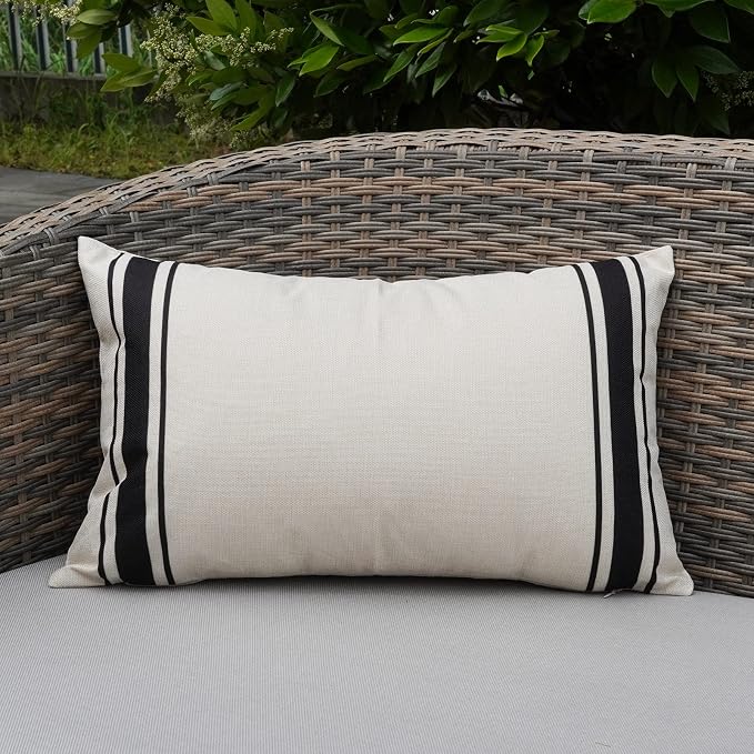 ONWAY Outdoor Pillow Covers Waterproof 12X20 Set of 2 Lumbar Throw Pillow Cover Beige and Black Striped Outdoor Pillows for Patio Furniture
