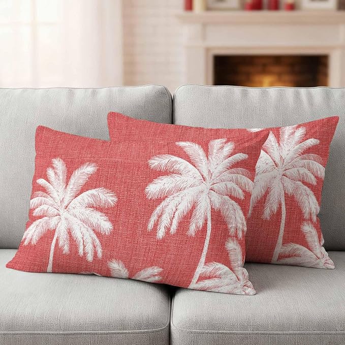 Lumbar Pillow Covers 20x12 Inch Set of 2, Coral Red Palm Trees Waterproof Outdoor Pillow Covers, Farmhouse Tropical Summer Beach Decorative Cushion Pillowcases for Couch, Sofa, Bed, Garden, Patio