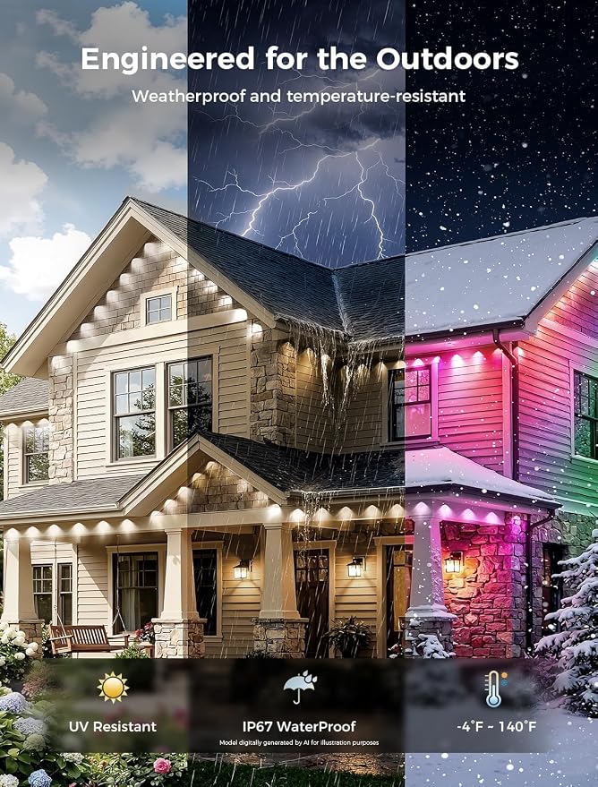CDN House's Permanent Outdoor Lights, 100FT RGB+IC Outdoor Decor, 111 Scene Modes, 60 LED Lights with Smart APP & Remote Control, IP65 Waterproof, String Lights for Daily Holiday Decorations
