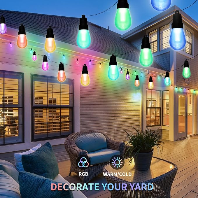 CAWWS Outdoor String Lights 100FT, Color Changing Patio Lights, Waterproof | 2×50FT,40 Shatterproof LED Bulbs,Multicolor & Warm White,Dimmable,IP67 Waterproof, APP & Remote,Custom Colors,24V Low Voltage