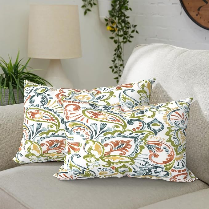 DYTXIII Pack of 2 Outdoor Waterproof Lumbar Pillow Covers ONLY, 12x20 Rectangle Decorative Double Printed Pillow Cases for Patio Couch Porch Furniture - Paisley Botanical