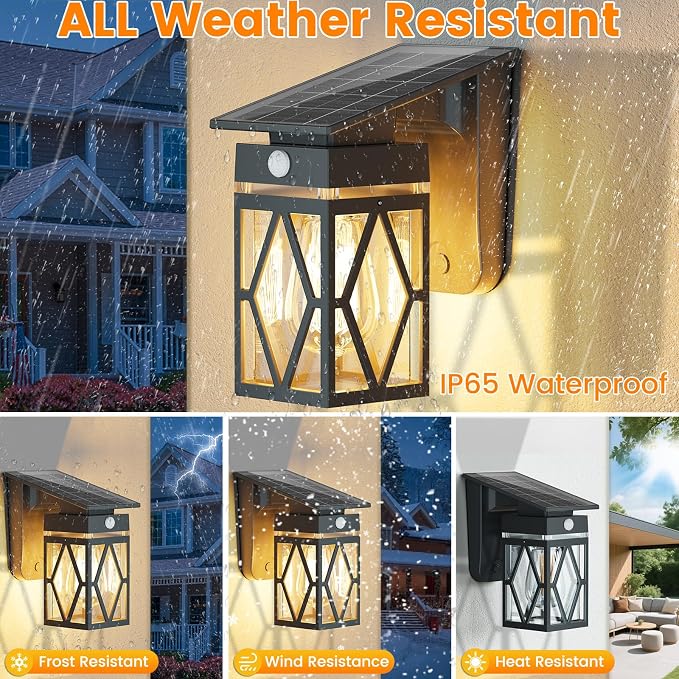 4 Pack Solar Porch Lights Outdoor with Dusk-to-Dawn Motion Sensor | 200LM 3000K Warm White, E26 ST58 Bulb, Classic Lantern Design, 3 Lighting Modes, IP65 Waterproof for Porch, Garage & Patio