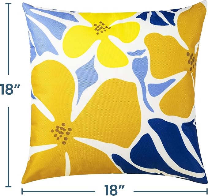 Outdoor Pillow Covers 18x18 Inch, Water-Resistant Decorative Pillow Covers Pack of 2, Floral Throw Pillow Case for Patio Furniture Tent Garden, Yellow Blue Floral, Cover ONLY