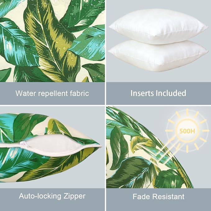 LVTXIII Outdoor Throw Pillows Set of 2, Patio Waterproof Pillows Fade Resistant Accent Pillows for Home and Garden Furniture Decoration, 16x16 Inch, Lush Leaf Jungle
