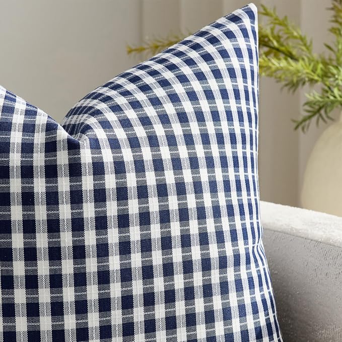 Navy Blue Outdoor Throw Pillow Covers 18x18 Set of 2, Waterproof Plaid Pillow Cases, Modern Farmhouse Gingham Cushion Covers for Couch Patio Garden Living Room