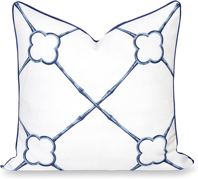Hofdeco Premium Coastal Hampton Patio Indoor Outdoor Throw Pillow Cover Only, 22"x22" Water Repellent for Backyard, Couch, Poolside, Navy Azure Blue Print Bamboo Trellis