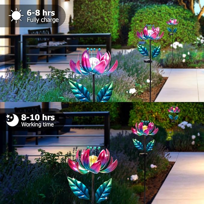 AIINY Solar Purple Metal Flower Wind Spinners, Colorful Spinning Windmill Lotus Yard Art Lights Wind Pinwheels with LED Crystal Ball Decorative Stake Lighting Flower Sculpture