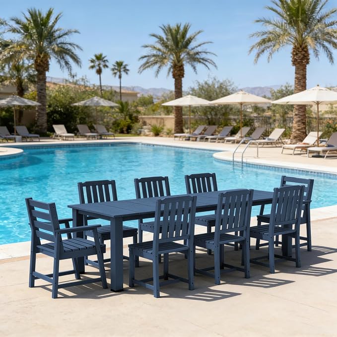 Ayge 9-Piece Outdoor Dining Set – HDPE Patio Furniture for 8 with 2" Hole Cut-Out Table & 8 Chairs, Perfect for Pool, Patio, Garden, Navy