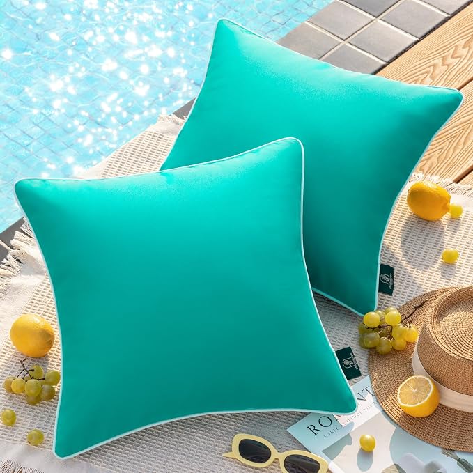 Phantoscope Pack of 2 Outdoor Waterproof Solid Throw Decorative Pillow Cover Decorative Square Outdoor Pillows Cushion Case Patio Pillows for Couch Tent (20''x20'', Turquoise)