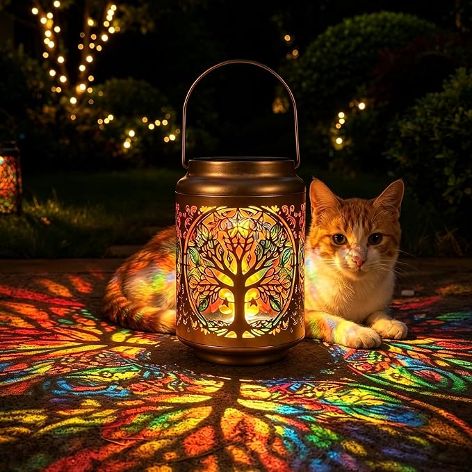 Tree of Life Solar Lantern Outdoor, Decorative Metal Solar Hanging Light with Colorful Light Pattern, Waterproof Garden Lantern for Patio, Yard, Porch, Balcony, Gifts for Women Mom Grandma