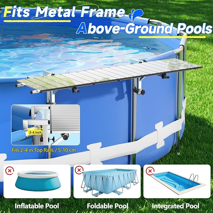 FUQUN Above Ground Pool Bar, 47" x 11.7" Heavy-Duty Mirrored Silver Poolside Table, Stainless Steel Frame & Tabletop, Fits 2-4" Top Rails & 22.8-48.4" Leg Spacing, for Round & Oval Frame Pools