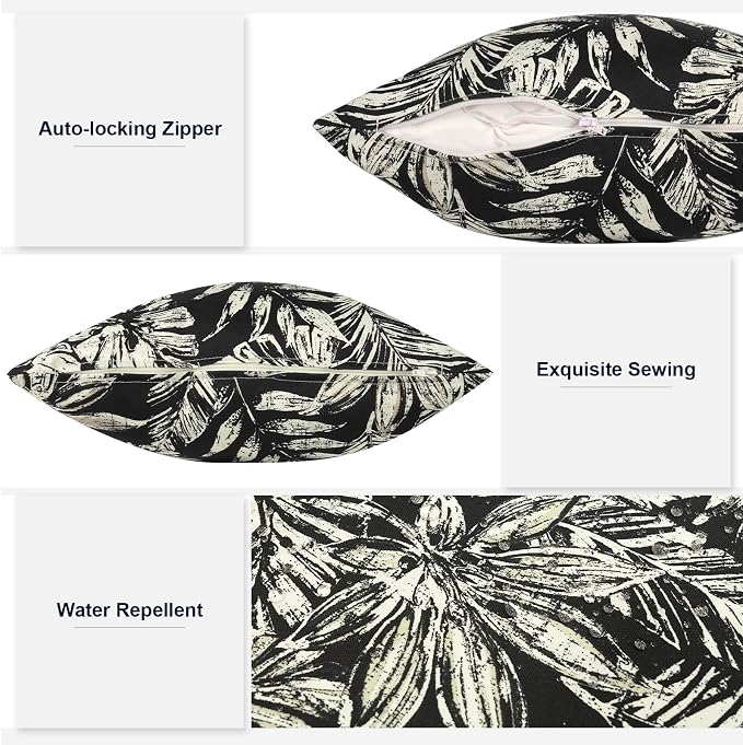 Outdoor Lumbar Pillows 12x20 Inch, Water Repellent Cushion Pillows, Outdoor Pillows with Inserts for Home Garden Pack of 2, Tropical Leaf Black