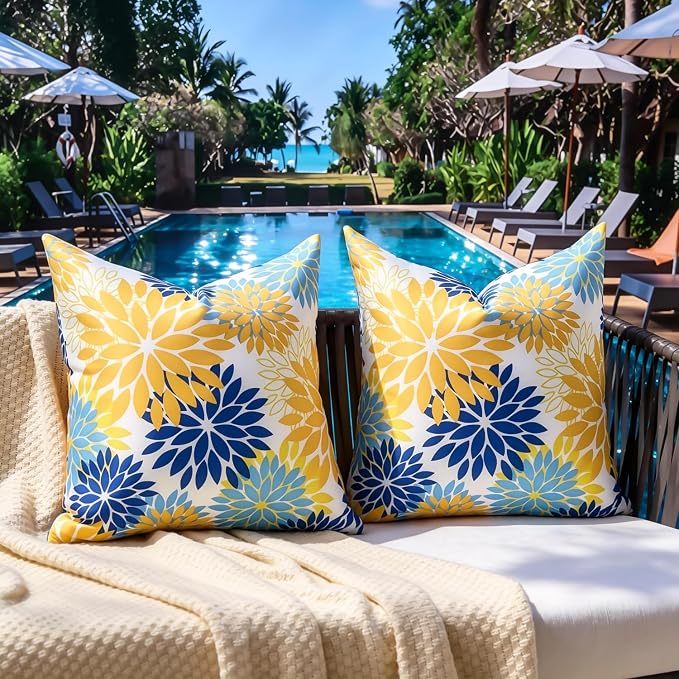 Dahlia Throw Pillow Covers 20×20 Inch Set of 2 Yellow and Blue Spring Summer Decorative Throw Pillow Cases Outdoor Pillows Waterproof Cushion Covers for Living Room Bedroom Garden Patio
