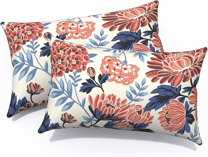 12x20 Inch Outdoor Lumbar Pillow Covers Pack of 2, All Weather Cushion Pillow Cases, Pillowcase for Patio Couch Decoration, Red Chrysanthemum