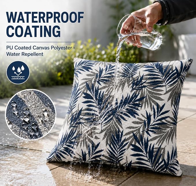Outdoor Pillow Covers Waterproof Throw Pillow Covers, Set of 2 Jacquard Texture Water Resistant Fade Resistant Decorative Cushion Covers for Garden Patio Bench Couch Sofa, 18x18 Inch (Blue Palm)