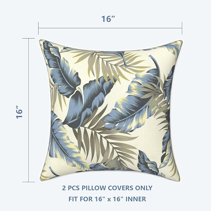 LVTXIII Outdoor Throw Pillow Covers 16x16 inch Waterproof Tropic Accent Pillow Cases Fluffy Outdoor Cushion Covers for Garden and Patio Furniture Decoration,2 Pack,‌Lush Palm Blue