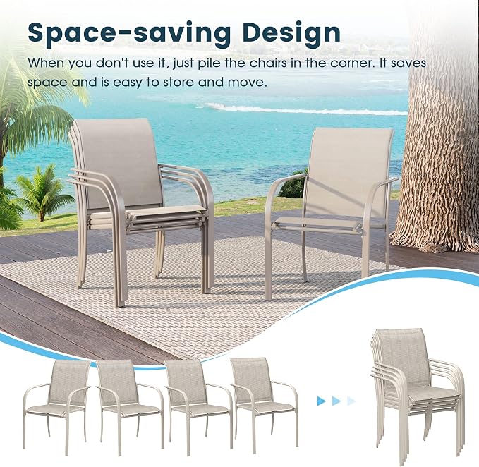 7 Pieces Patio Dining Set, 50" Round Dining Table with Umbrella Hole, 6 Stackable Textilene Fabric Chairs, Metal Structure for Patio, Porch, Garden, Sandshell