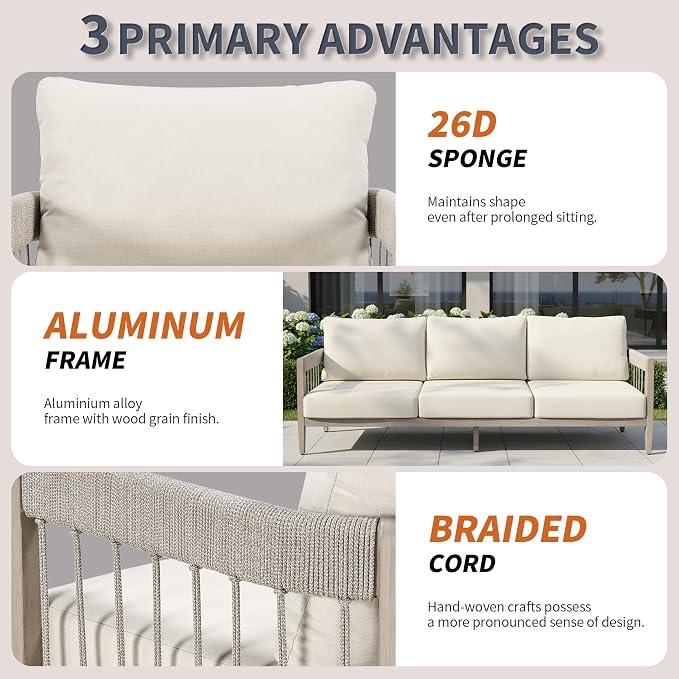 3-Seater Outdoor Sofa, Never-Rust Aluminum Patio Couch with Hand-Woven Rope Armrests & Extra Thick Cushions, Faux Wood Grain Finish Modern Outdoor Furniture Set for Balcony, Deck, Porch