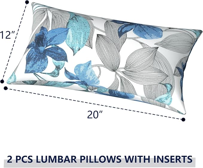 Outdoor Lumbar Pillows 12x20 inch, Rectangle Throw Pillows with Inserts, Decorative Lumbar Cushions for Patio Furniture Garden Couch Home Sofa Office Chair, Pack of 2, Clemens Noir Blue