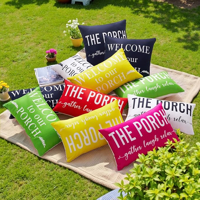 Porch Decor Green Outdoor Lumbar Pillow Covers Waterproof 12x20 for Patio | Set of 2, Patio Decor, Porch Pillows, Outdoor Pillows Waterproof, Outdoor Pillows for Patio Furniture, Weather Resistant