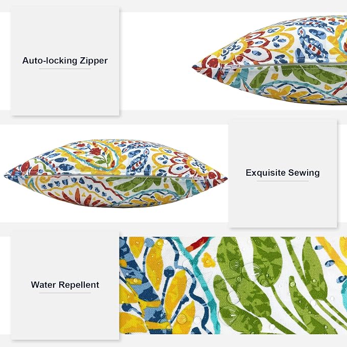 Outdoor Lumbar Pillows, Water Repellent Cushion Pillows 12x20 Inch, Outdoor Pillows with Inserts for Home Garden, Pack of 2, Paisley Multi
