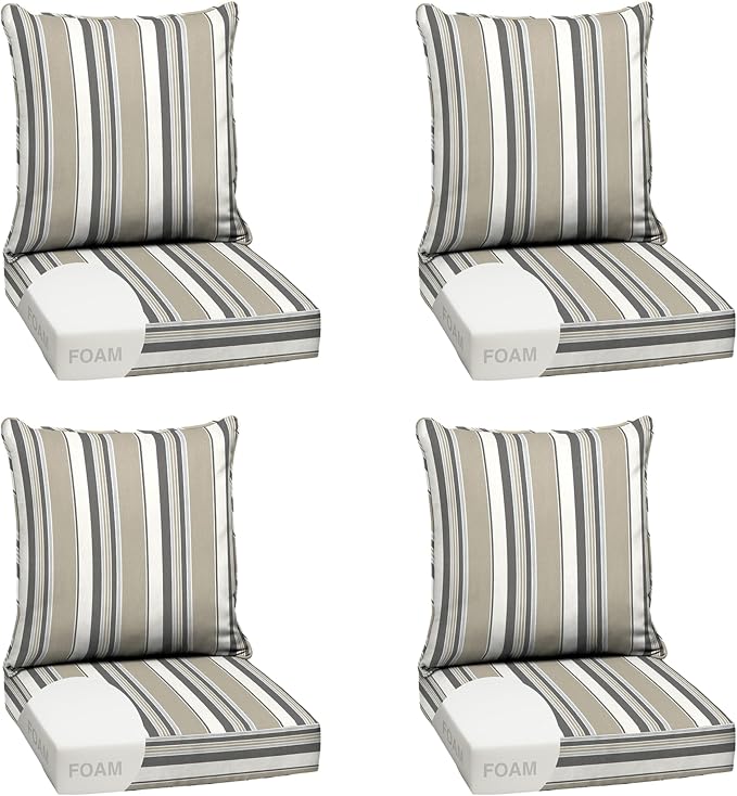 Arden Outdoor Deep Seat Cushion Set, Foam, 4-Pack, 24x24, Taupe Grey Stripe | earthFIBER, Sofa, Couch, Conversation Set, Premium High-Density Foam, Never Flattens, Mold and Mildew Resistant