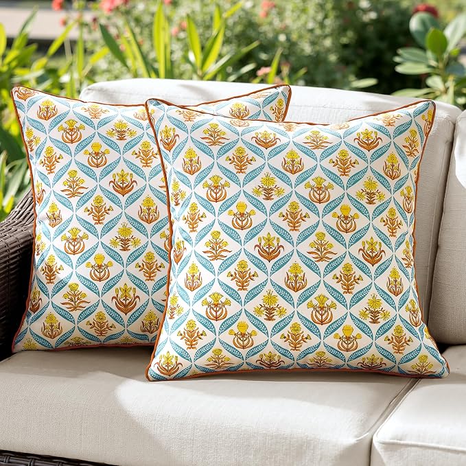 ANRODUO Floral Outdoor Waterproof Pillow Covers Set of 2 Orange 16x16 Inch | Square Block Print Decorative Cushion Cases With Refined Edge Piping for Summer Patio Porch Garden Couch Sofa Bench Decor