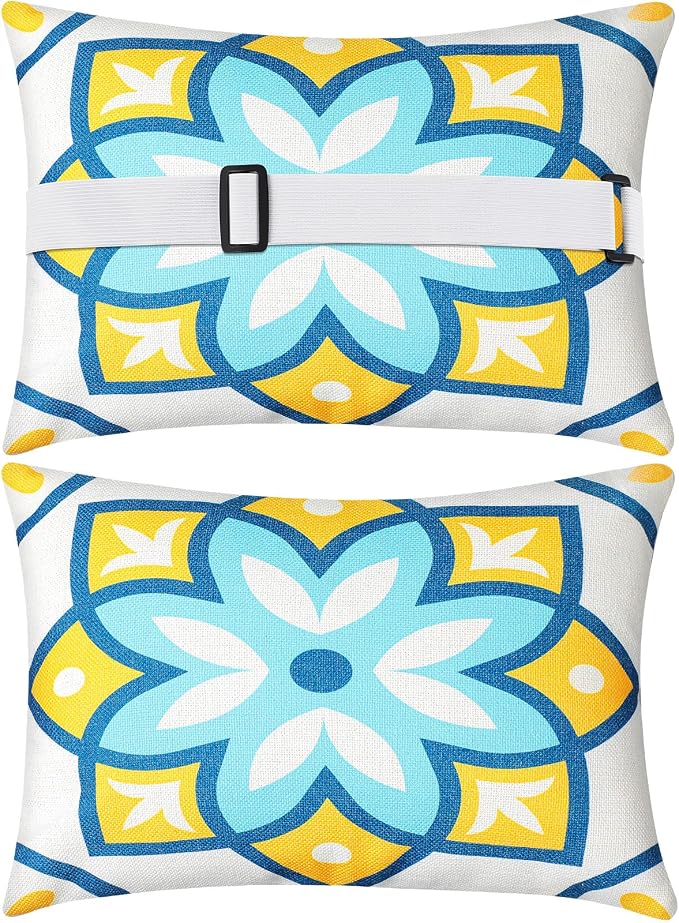 Juexica 2 Pack Chaise Lounge Pillow with Strap Outdoor Waterproof Beach Chair Neck Headrest Pillow Adjustable Elastic Band for Hammock Lumbar Recliner Pillows for Patio Pool Chair(Fresh Flowers)