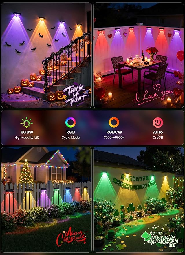 Brightown 8 Pack Solar Fence Lights Outdoor, 3000/4000/6000K RGB 11 Colors | 3 Modes Solar Powered Fence Lights, IP65 Solar Deck Step Flood for Outside Yard Patio Home Improvement Wall Railing