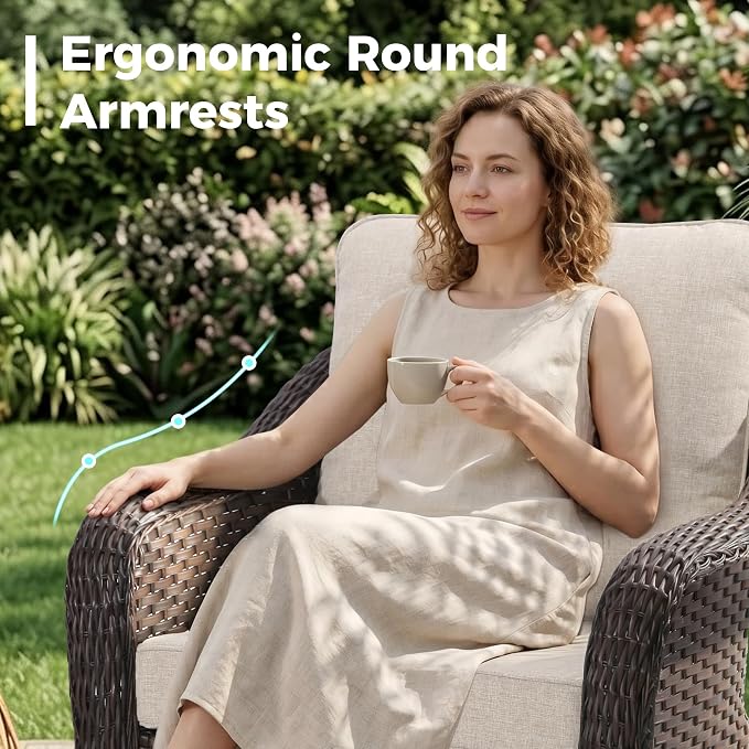 Outdoor Wicker Swivel Chair Set of 2, All-Weather Use Patio Rattan Chair with Seat and Back Cushion, Ideal for Porch, Backyard, Balcony, Poolside, Beige